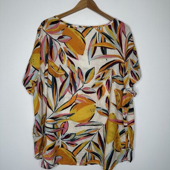 Tahari Linen Top Size 3X Tropical Floral Fruit Short Sleeve Colorful - Picture 2 of 7
